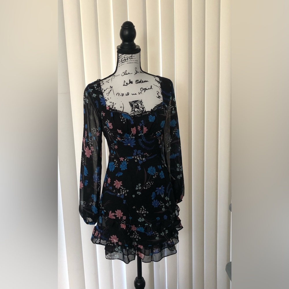 B Darlin Chifon black women's dress with flowers size 1/2 with long sleeves